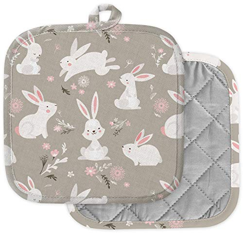 [2 Stück] Topflappen für Küche, waschbar, hitzebeständig, Topflappen, Untersetzer zum Kochen und Backen (Oster-Design-Hasen)