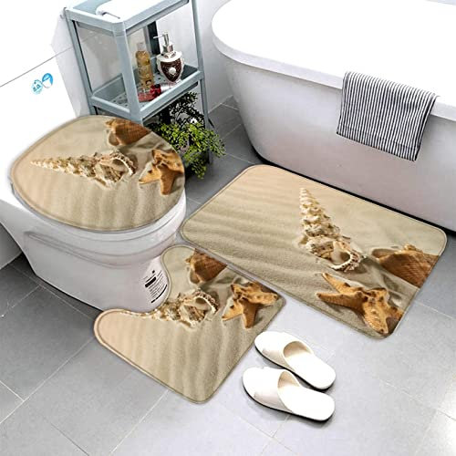 AOLIGL Badematte Strandseesterne,Muscheln Badematten Set rutschfest Waschbar Badgarnitur 3teilig - WC Deckelbezug U-förmigen Contour Badezimmerteppich Matte Flauschige Mikrofaser