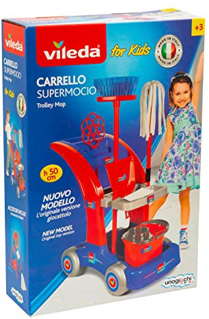 Grandi Giochi - Maxi Carrito Limpieza Vileda for Kids, con fregona, Escoba, recogedor, Cubo, tocadores y Accesorios, IAM01000A