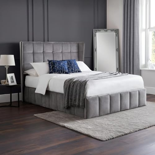 Julian Bowen Gatsby Ottoman Bed, Storage, Double, Grey - W157 x D205cm | Bed Frame, 135cm/4ft6, No Box Spring Needed, Easy-Lift Storage, Tufted Winged Headboard, Luxurious Velvet Base
