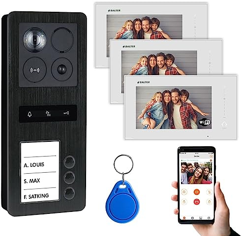 Nonic Balter ERA Schwarz IP Aufputz Video-Türsprechanlagen WLAN Set für 3 Familienhaus (1x Türstation mit Kamera, 3X Touchscreen 7 Zoll LCD-WiFi-Monitor, Android & iOS APP, 2-Draht, RFID, Full HD)