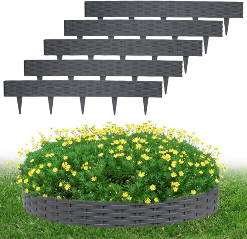 LZQ Rasenkante Beeteinfassung Rund Kunststoff, 10m Anthrazit Beeteinfassung Beetumrandungen Rattan-Design Palisaden mit 10 Elemente á 100 cm
