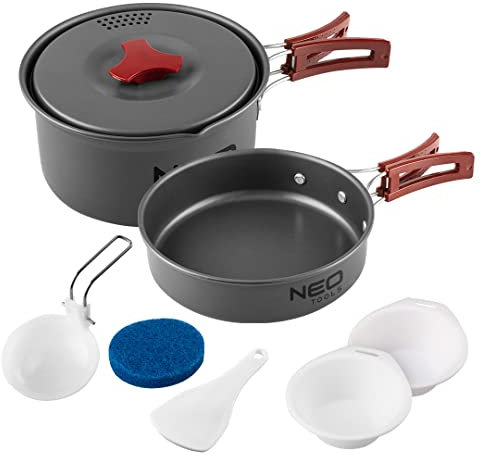 NEO TOOLS 7 in 1 Tourist Topf, Bratpfanne, 2x Teller, Schöpfkelle, Pfannenwender, Schwamm, Material Topf und Pfanne eloxiertes Aluminium, Material Teller, Schöpfkelle und Pfannenwender Kunststoff