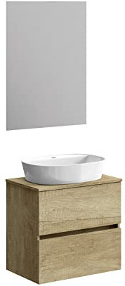 Baikal Mueble de Baño Onyx. Mueble MONTADO, Mueble 2 cajones. Mueble Baño con Lavabo. Mueble Suspendido. Armario de Pared. Lavabo Cerámico. Incluye Espejo. 70cm Nature.