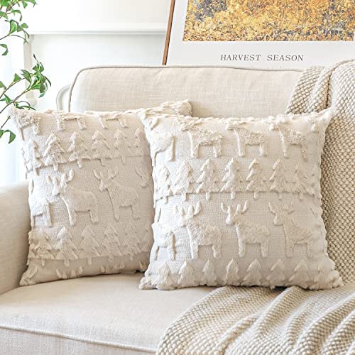 Artscope Set of 2 Xmas Soft Plush Short Wool Velvet Decorative Cushion Covers Square Luxury Style Throw Pillow Covers Pillow Shell for Sofa Bedroom Christmas Tree and Elk Cream Beige, 40x40cm