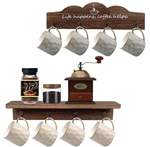 LYFJXX Support Mural pour Tasse à Café avec 8 Crochets, 2 Supports en Bois avec Panneau, Cintre pour Tasse à Thé, Bar et Cuisine (Marron, 2 Pièces)