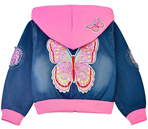 Peacolate Mädchen Jeansjacke Stickerei Pailletten Schmetterling Mäntel mit Reißverschluss und Kapuze Frühling Herbst Denim Oberbekleidung für 3-10Jahre Kinder(5-6Jahre)