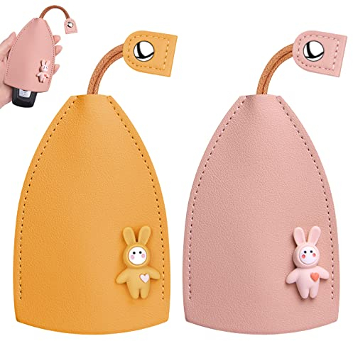 URAQT Ausziehbares Schlüsseletui,2 Stück Unisex Schlüsseltasche Tragbarer Ausziehbarer Autoschlüsselhalter PU Schlüsseletui Fall für Autoschlüssel Schlüsselmäppchen Hase-Gelb+Rosa