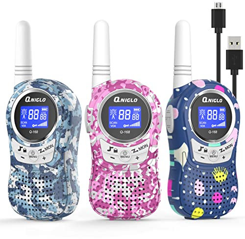 QNIGLO Q168Plus Talkie Walkie Enfants 3 Packs Rechargeable,Communication Bidirectionnelle PMR446 8 Canaux,Bon Assistant pour L'Aventure en Plein Air,Cadeau de Mode ,Jouets Filles(Rose+2Bleu)