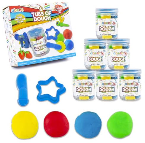 abeec 6 Mini Tubs of Modelling Dough – Creative Kids Party Bag Fillers with Dough Tools – Perfect for Party Favours and Pass the Parcel Gifts