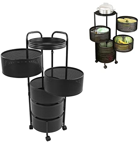 Tefola Estante giratorio para cesta de frutas, estante giratorio de almacenamiento de acero al carbono de 5 niveles, estante redondo de pie para verduras con ruedas para sala de estar, cocina