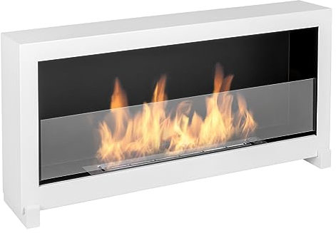 EIN freistehender biokamin S-Line Box 90cm. Bio-ethanolkamin 900 mm Weiß matt, stehender oder wandkamin. EIN kastenförmiger Bio Kamin kann auch an die Wand gehängt Werden. Bioethanol Kamin mit Glas.