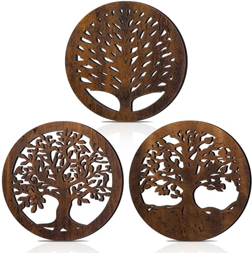 Beeveer 3 Pcs Life Tree Wooden Trivets for Hot Dishes 8 Rustic Round Tree Trivet Set Hot Plate Holders Heat Resistant Farmhouse Trivet for Kitchen Dining Table(Brown)