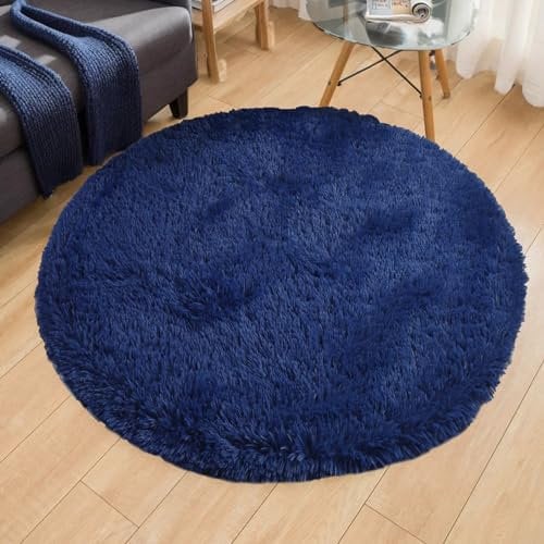 lekeplus Teppiche, rund, weich, zottelig, fusselfrei, rutschfest, modern, für drinnen und draußen, flauschige Teppiche, für Wohnzimmer, Schlafzimmer, Kinderzimmer, runder Teppich (Dunkelblau, 150 x