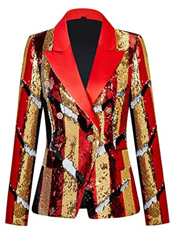 CARFFIV Damen Mode Zweireihige Bankett Party Urlaub Pailletten Langarm Jacken,Stripe,XXL