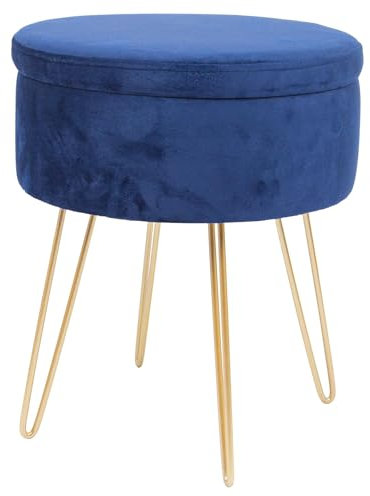 Harbour Housewares Velvet Round Foot Stool with Storage - Blue with Gold Legs - Modern Dressing Table Pouffe Footstool Vanity Seats Vanity Chairs Footstools for Living Room, Bedroom