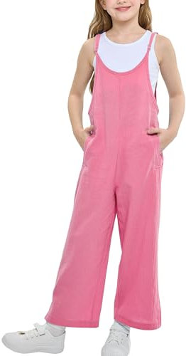 Rolanko Tuta Senza Maniche da Ragazza, Tuta con Bretelle Regolabili e Tasche per Bambini, Rosa, 10-11 anni, 150