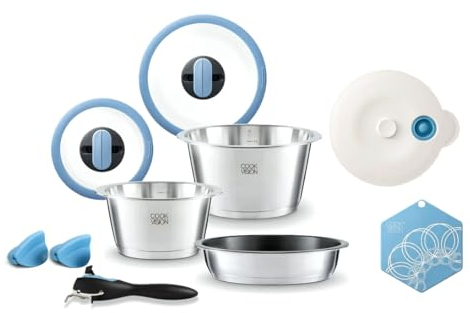 cookvision Einsteiger-Set 10-tlg. blau, 2x Edelstahltöpfe und 1x Pfanne für alle Herdarten, 1x Glasdeckel, 1x Griff, platzsparend, innovatives Zubehör