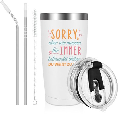 Livole Lustige Geschenke für Frauen, Beste Freundin, Freundinnen Geschenk, Geschenk Beste Freundin Geburtstag - SORRY, Aber Wir Müssen für Immer Befreundet Bleiben - 600ml Thermobecher to go, Weiß