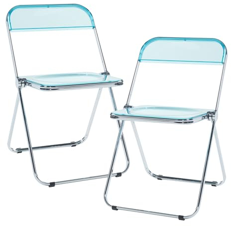 [en.casa] Klappstuhl Pornainen 2er Set Stuhl klappbar Esszimmerstühle 74 x 46 x 47 cm Schreibtischstuhl Belastbarkeit 120 kg Küchenstühle Metallgestell Hellblau, transparent