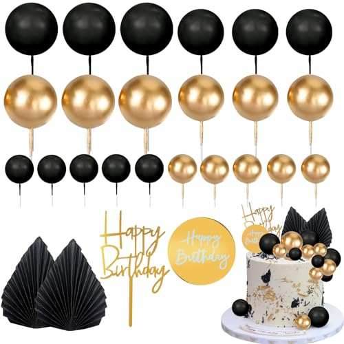 Morofme 26pcs Man Boho Cake Topper - Black Gold Balls Palm Leaves Decorations for Man Boy Bohemian Black Theme Wedding Baby Shower Birthday Party