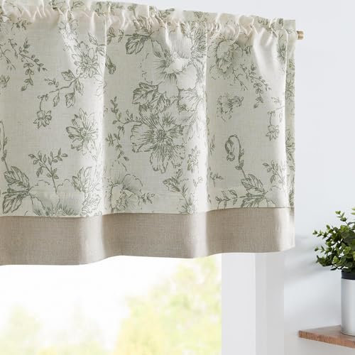 TOPICK Floral Kitchen Curtains Short Cafe Curtains Blackout Double Layer Curtain Valance for Sink Living Room Cabinet Small Window Rod pocket 1 Panel Green on Beige 18 Inch Drop