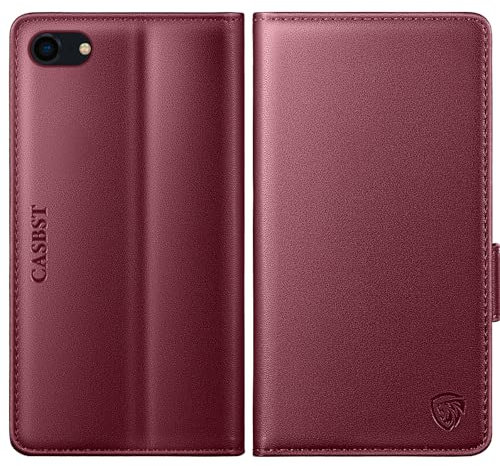CASBST Leather Wallet Book Case for iPhone 7/8/SE 2022/2020 with Kickstand, Card Slots, Magnetic Closure - Wine Red