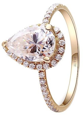 Tolldek 18K Gelbgold Echt Ring, Tropfen Solitärring mit Moissanit 1ct Tropfenschliff, Au 750 Eheringe Freundschaftsringe für Damen, Gold, Gr.53