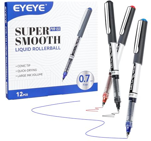 EYEYE Tintenroller mit Flüssiger Tinte, Mittlere Spitze, 0,7mm | 12 Stück, 3 Farben, Schnell Trocknend, Glattes Schreiben für Tagebuch, Notizen, Büro und Schulbedarf