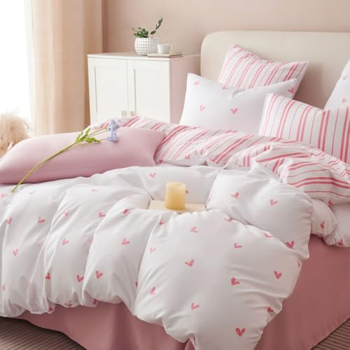 Freyamy Bettwäsche 200x220 Herzen Rosa Weiß Herz Gestreifte Bettwäsche Set | Aesthetic Wendebettwäsche, 3teilig Bettwäsche-Sets, Microfaser ÖKO-TEX Bettbezug mit Reißverschluss und 2 Kissenbezug 80x80cm