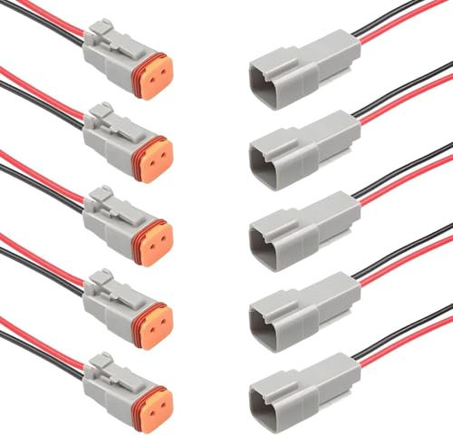 Alriedy 5 Paare DT Stecker 2-polig, wasserdicht mit 15cm Kabel für Kfz | 16AWG Kabel, für Auto, Motorräder, Lkw & Boote, robuster Kfz-Steckverbinder