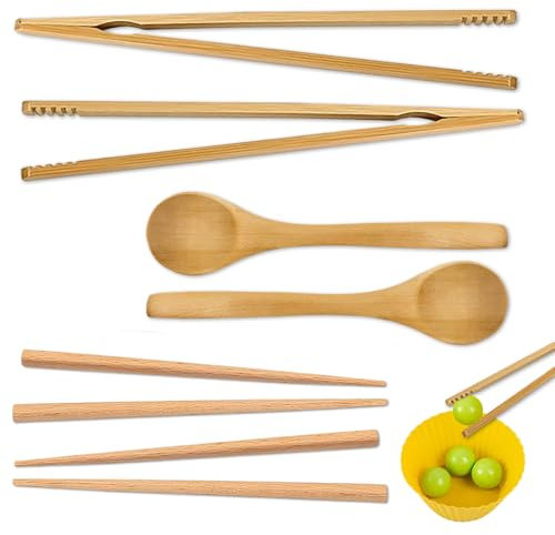 2 Pinzas, 2 Cucharas y 2 Palillos - Estimula Habilidades Motoras Finas - Juego Montessori de Herramientas de Madera para Niños - Juego Educativo y Sensorial
