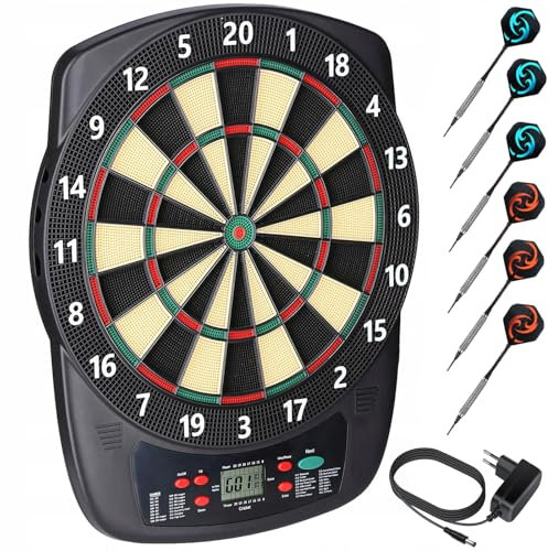 Elektronische Dartscheibe Profi Set 32 Spiele&590 Varianten mit Soundeffekte LCD-Bildschirm, 6 Darts 50 Dartköpfe Netzadapter, E-Darts Dartautomat für Hause Partys Garten Bar 1-8 Spieler, Schwarz