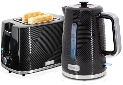 briebe Elegance Set Tostadora Pan Ranura Ancha 2 Rebanadas, 7 Niveles Tostado + Hervidor Agua Eléctrico 1,7L Inalámbrico, 2200W Ebullición Rápida, Libre BPA, Pack Desayuno Diseño Moderno Negro