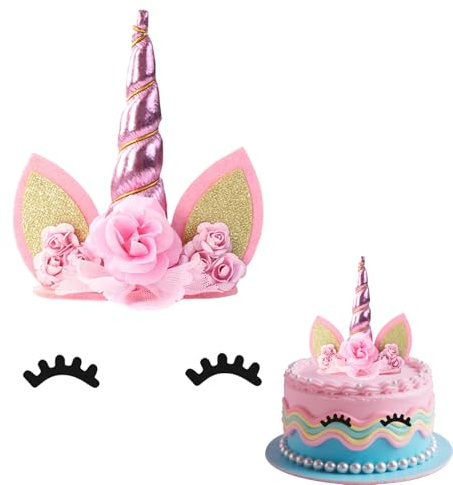 Gleevio Einhorn Deko Torte, Kuchendeko Einhorn Geburtstag Deko, Cake Topper Unicorn Kindergeburtstag, Rosa Tortendeko Mädchen, Unicorn Kuchen Topper Niedlich Horn Ohren Wimpern für Kinder