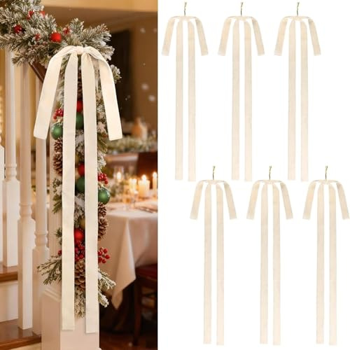UXORSN 6 Pcs Beige Velvet Bows for Christmas Tree Decorations 23.6x15.7 Inch Large Christmas Tree Bows Vintage Ribbons Bow Xmas Ornaments for Tree Gift Wrapping Staircase Garland Wreath Party Decor