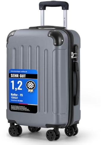 YONSLY Koffer Suitcase M Grau, Trolley Reisekoffer, Rollkoffer Handgepäck, Kabinenkoffer mit 4 Rollen 360°, Hartschalenreisekoffer, Zahlenschloss, Weicher Gummigriff
