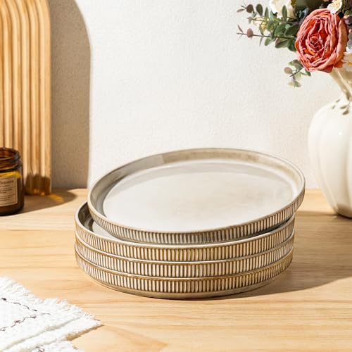 GBhome Stoneware Dinner Plates Set of 4, Handmade Reactive Glaze Ceramic Plates (27 cm), Rustic Ribbed Dish Set for Kitchen, Microwave & Dishwasher Safe, Scratch Resistant-Cappuccino
