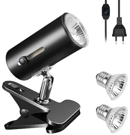 mizikuu Schildkröte Wärmelampe, Reptilien Terrarium Lampe Heizlampe mit 2 E27 Glühbirnen 50 W UVA UVB Wärmeheizung UV Wärmespotlampe mit 360°Schwenkklemme Clip Wärmepunktlampe Aquarium Tiere Zubehör