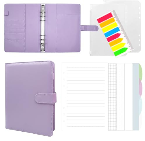 Fettwal Notizbuch Ringbuch A5 Nachfüllbar, Leder Notizbuch A5 Ringbuch mit 160 Blätter Nachfüllpapier, Tragbarringbuch Planer Binder Bindertaschen für Schulnotizen und Organizer, Lila