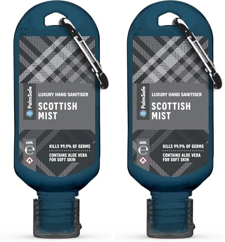 Palm Safe Scottish Mist 60ml Anti Bacterial Premium Hand Sanitiser Travel Size Refillable Clip Bottle Quick Drying Non Sticky Extra Moisturising Kills 99.9% of Viruses and Bacteria (Pack of 2)