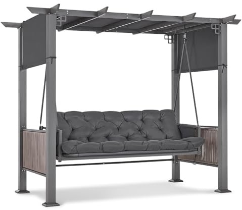 M MCombo 3-Sitzer Pergola Hollywoodschaukel mit Liegefunktion & Gartenpavillon, Gartenschaukel mit Ausziehbarem Sonnendach, 8CM Extradickem Sitzkissen & Silent-Haken, Schaukelbank 4067 (grau)