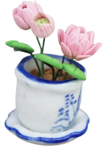 Lurrose 12 Scale Simulated Lotus Bonsai Plant Pot, Micro Landscape Dollhouse Decoration, Mini Potted Artificial Flower for Home Garden and DIY Model Adornments