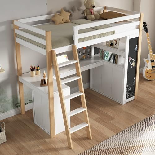 CelticHearth Cama alta infantil con escritorio, escalera y cajones, madera maciza y MDF, color blanco y natural, 90 x 200 cm