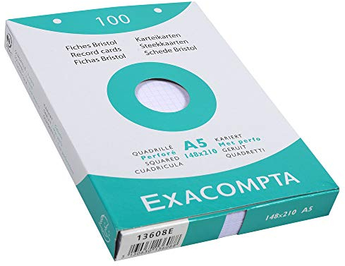 Exacompta 13608E 100er Pack Karteikarten kariert DIN A5 in Kartonschachtel 14,8 x 21 cm gelocht ideal für die Schule und Universität zum Lernen weiß
