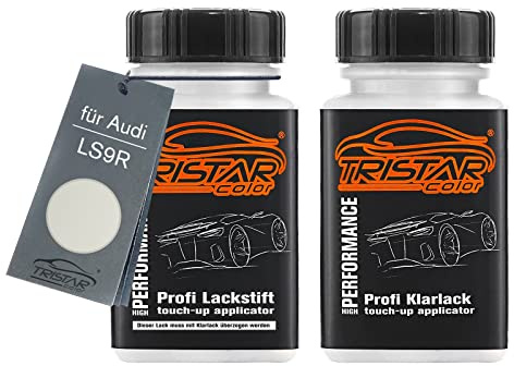 TRISTARcolor Autolack Lackstift für Audi LS9R Gletscherweiss Perl +1K | Blanc Glacier Perl, Set aus Basislack + Klarlack, Lackfläschchen mit Pinsel, je 50ml