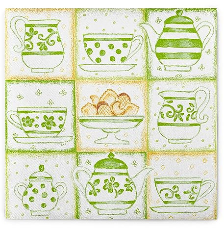 Sovie HOME, Serviette COOKIE in GRÜN-GELB aus Linclass Airlaid, 40 x 40cm, 1/4 Falz, 12 Stück, Patchwork Design mit Kaffeetassen, Kannen, Keksen - Ideal für Café, Buffet, Brunch