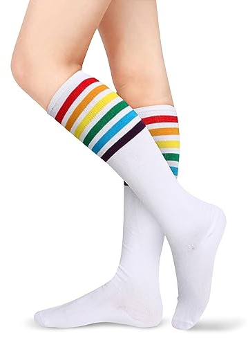 Benefeet Sox Kniestrümpfe für Damen und Mädchen, dreifach gestreift, für Rollschuhe, Baumwolle, Sportsocken, Kostümstrumpf, Weiß/Regenbogen, Einheitsgröße