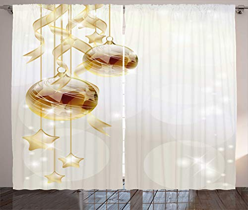 ABAKUHAUS Weihnachten Rustikaler Gardine, Weihnachtskugeln Moderne, Schlafzimmer Kräuselband Vorhang mit Schlaufen und Haken, 280 x 225 cm, Gelb Weiß
