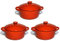 Hobby Tech Lot de 3 Mini Cocottes Rouges Céramique Double Poignées avec Couvercle 13,5cm x 8cm Contenance Moule 200ml Ramequin Résistant Haute Température Four pour Petits Plats (Rouge, Lot de 3)